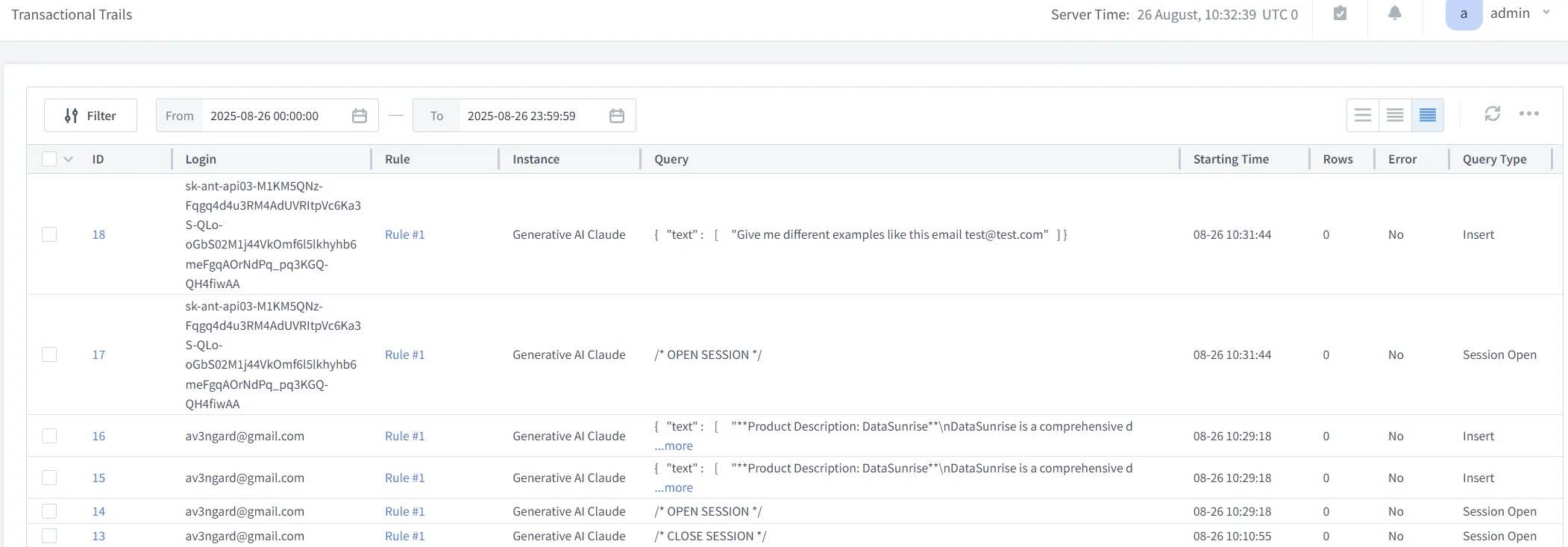 LLM API Sicherheitstipps: Schutz der Pforte zu Ihrer KI - Screenshot, der transaktionale Protokollspuren mit Serverzeit, Filtern, Datumsbereich und Login-IDs zur Überwachung der API-Aktivität anzeigt.