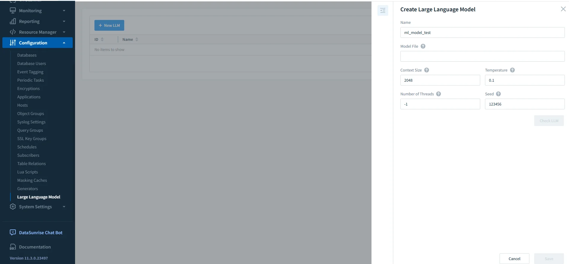 NLP, LLM & ML Data Compliance Tools for IBM Db2 - Screenshot of the DataSunrise UI showing menu options for monitoring, reporting, resource management, and configuration.