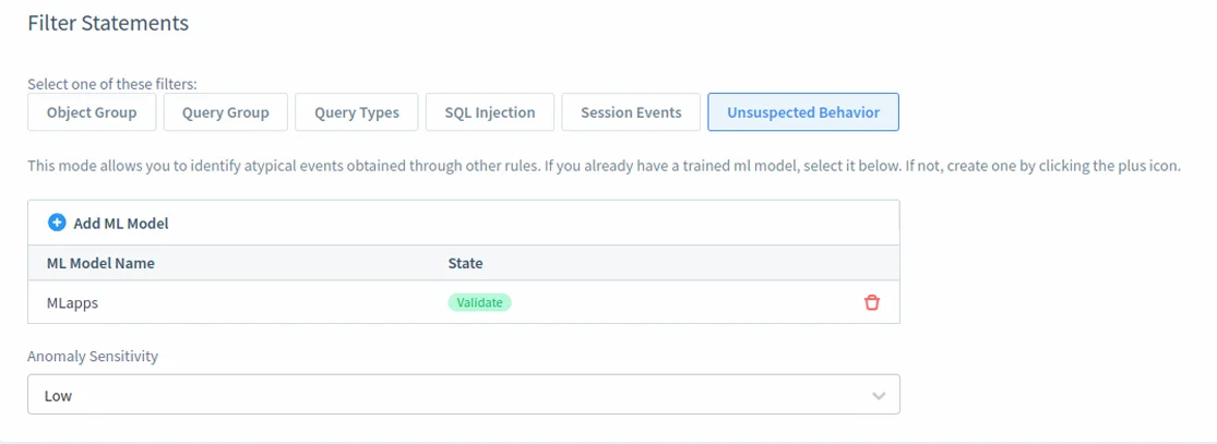 NLP, LLM & ML Data Compliance Tools for IBM Db2 - Filter configuration options for monitoring atypical database events.