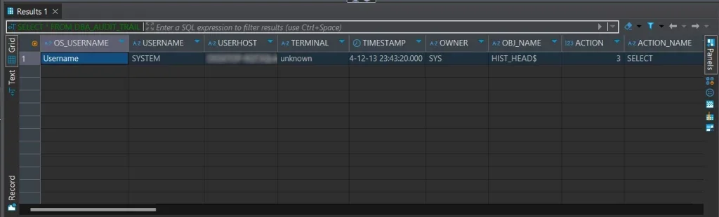 NLP, LLM & ML Data Compliance Tools for Oracle Database - filtered query results showing user activity details including username, userhost, terminal, timestamp, and action name.