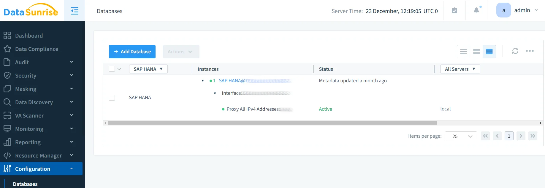 NLP, LLM y Herramientas de Cumplimiento de Datos ML para SAP HANA - Captura de pantalla de la interfaz de DataSunrise mostrando la gestión de bases de datos y características de cumplimiento para SAP HANA.
