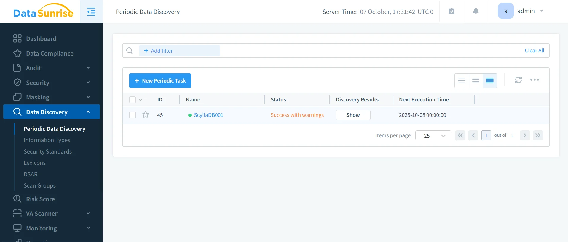 NLP, LLM & ML Data Compliance Tools for ScyllaDB - Periodic Data Discovery configuration interface showing options for adding filters and creating new tasks.