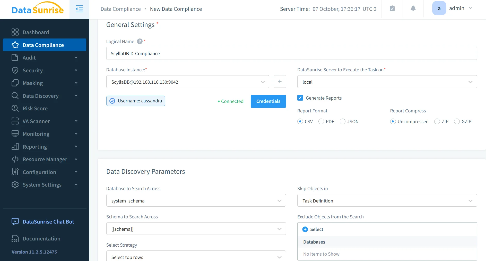 NLP, LLM & ML Data Compliance Tools for ScyllaDB - DataSunrise dashboard displaying navigation options for data compliance, security, masking, and risk management.