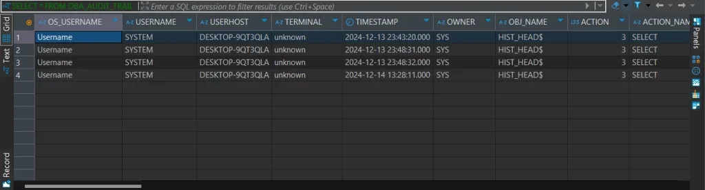 Oracle Database Audit Log: Essential Security and Compliance Controls - Screenshot displaying filtered audit log entries with columns for OS_USERNAME, USERNAME, USERHOST, TERMINAL, TIMESTAMP, and OWNER.