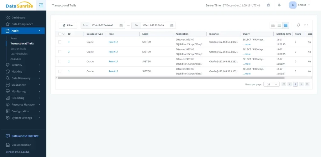 Oracle Database Audit Log: Essential Security and Compliance Controls - Screenshot of DataSunrise UI showing audit dashboard with transactional trails and server time configuration.