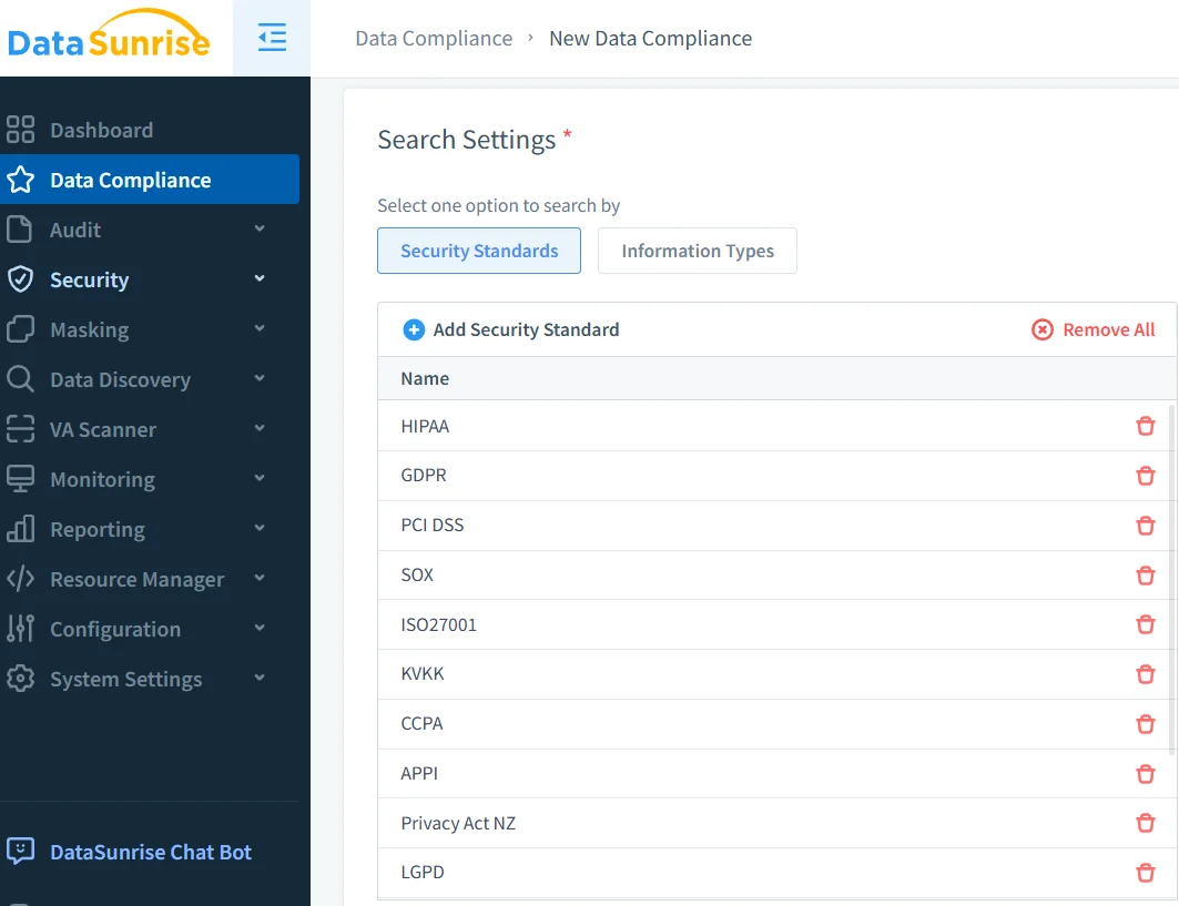 Oracle Database Data Compliance Automation - DataSunrise UI displaying menu options for Data Compliance, Audit, Security, Masking, and other database management features.