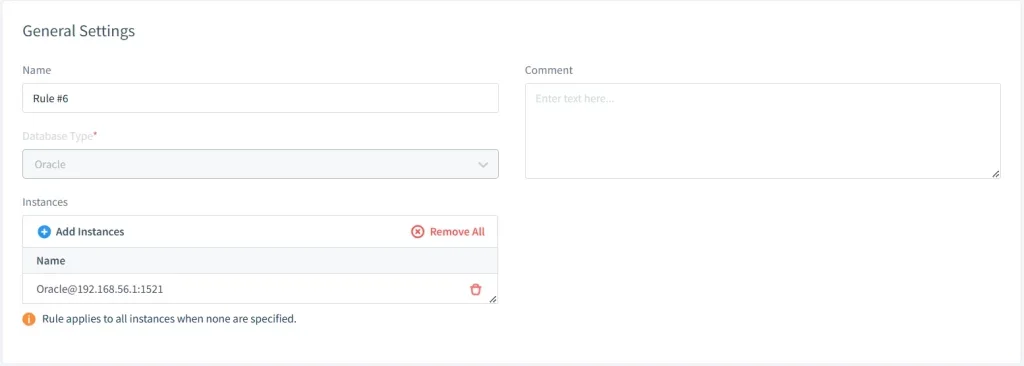Cumplimiento normativo de Oracle Database: Guía integral para cumplir con los estándares - Captura de pantalla de la interfaz de configuración general para la configuración de reglas e instancias.