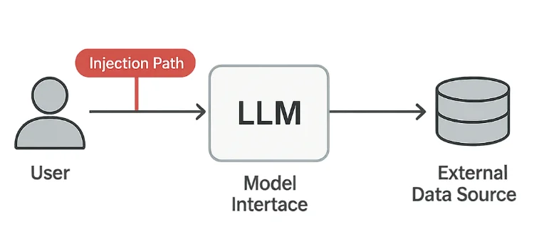 Prompt Injection: Manipulating AI Through Language - Diagram illustrating the flow of a prompt injection attack from user input to external data sources via an LLM interface.