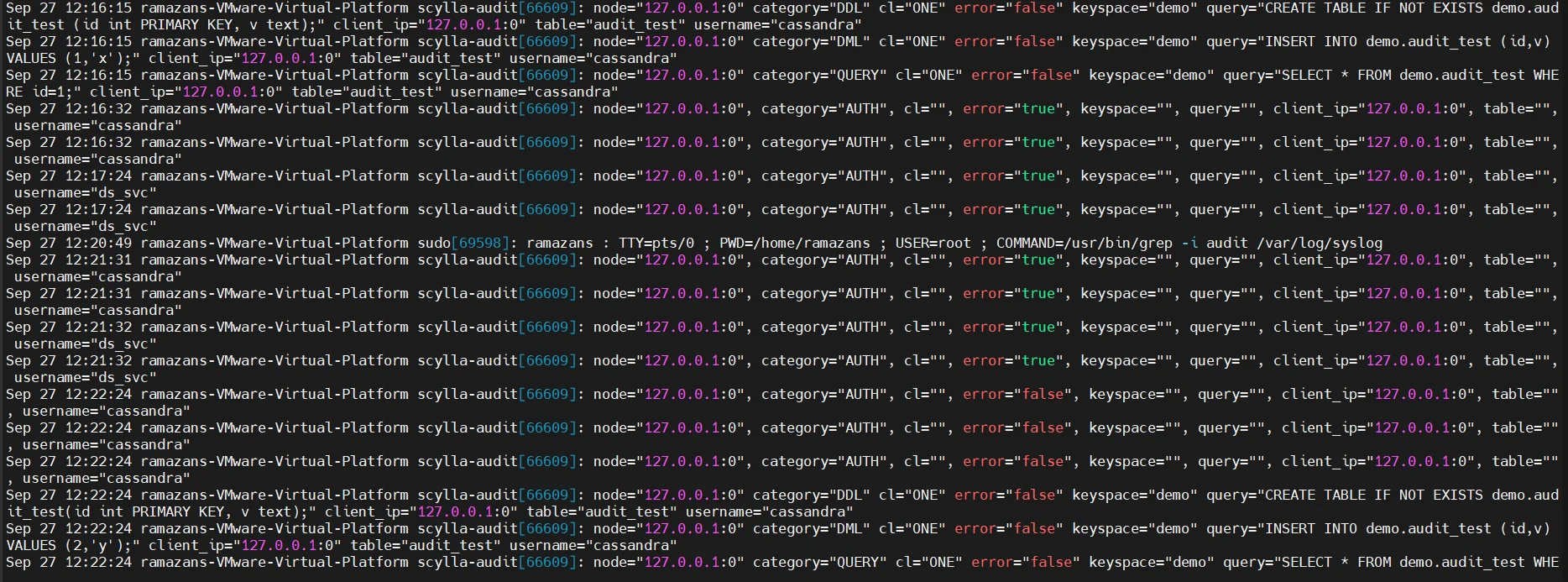 Gestión de Cumplimiento de ScyllaDB - Salida de terminal mostrando registros de auditoría de ScyllaDB para operaciones en la base de datos.