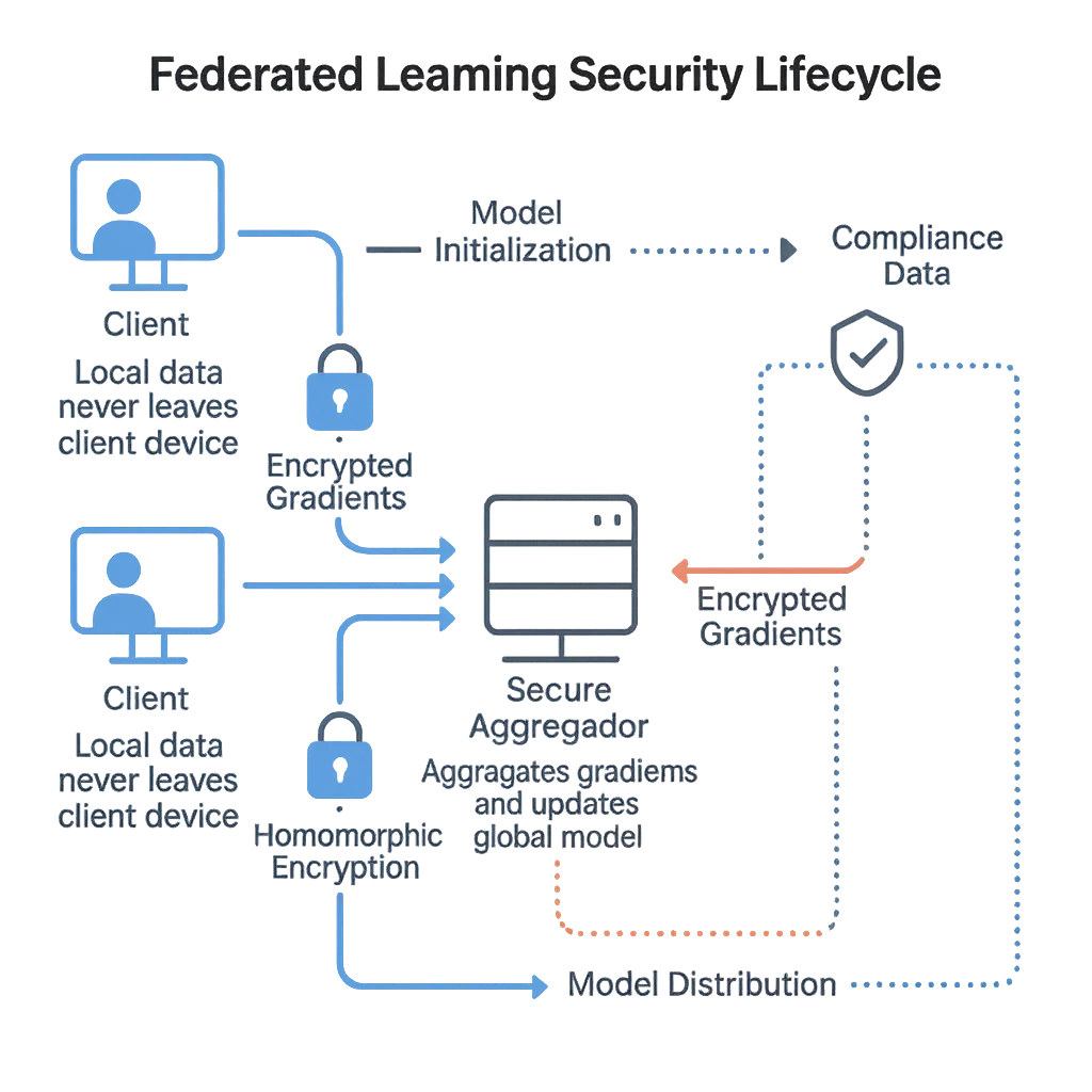 Secure Federated Learning - Diagram illustrating the security lifecycle, including installation, secure aggregation, compliance, and client data distribution.