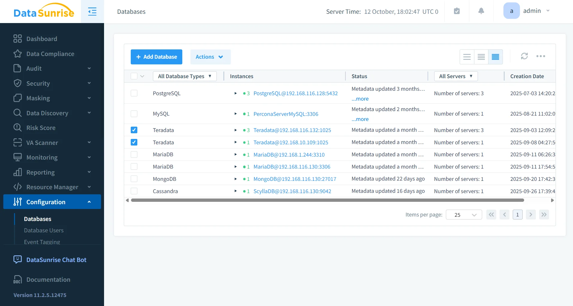 Teradata Audit Tools - DataSunrise UI displaying navigation menu and database management options.