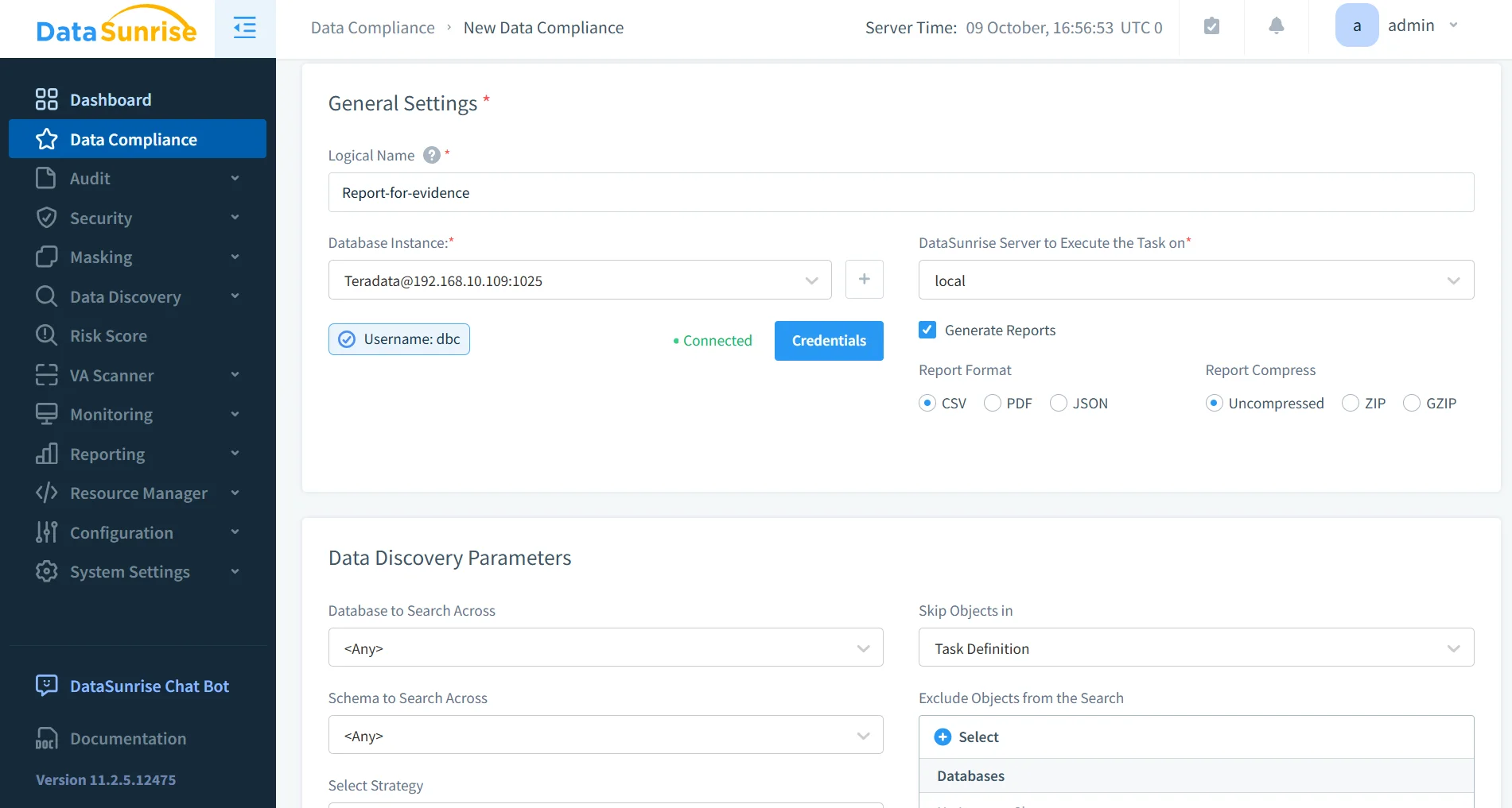 Teradata Database Activity History - DataSunrise UI displaying navigation menu with options such as Dashboard, Data Compliance, Audit, and Security.