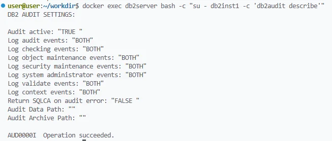 What Is IBM Db2 Audit Trail - Terminal output showing Db2 audit settings and active audit configurations.