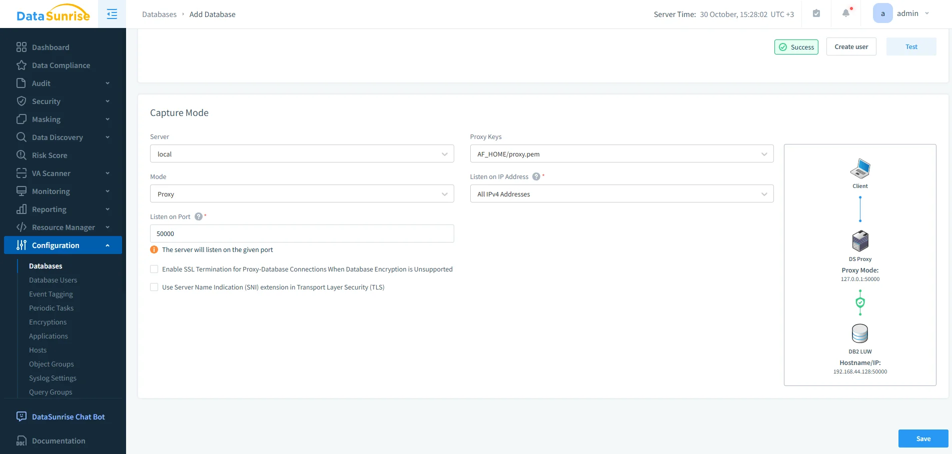 What Is IBM Db2 Audit Trail - Screenshot of DataSunrise UI displaying dashboard menu options for database auditing and security configuration.