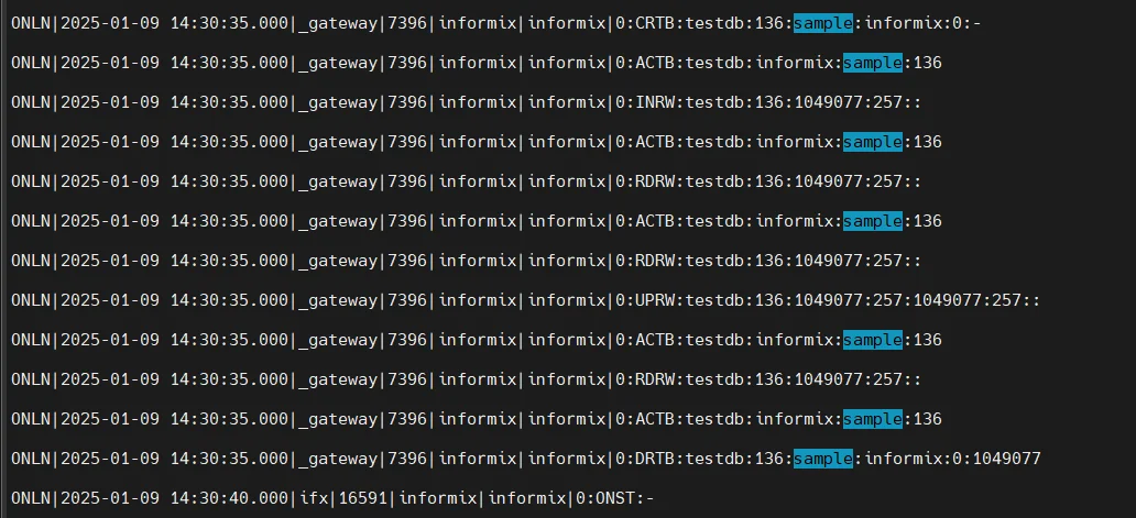 What Is IBM Informix Audit Trail - Repeated log entries showing ONLN12025- with timestamps and numerical values in a tabular format.