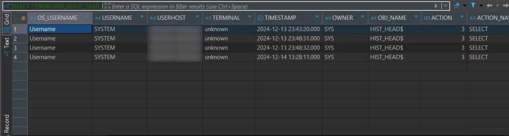 What Is Oracle Database Audit Trail - Screenshot of a DataSunrise interface displaying filtered Oracle database audit trail logs.