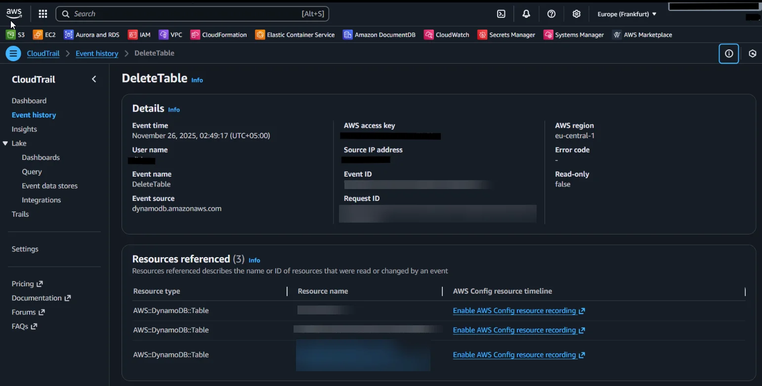 Amazon DynamoDB Audit Tools - Screenshot displaying AWS services and audit-related features including CloudTrail, Event history, and Query options.