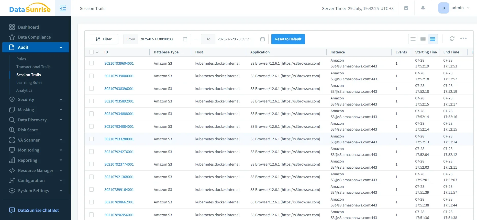 Amazon S3 Data Governance: Comprehensive Security and Compliance - Screenshot displaying session trail filters and database type settings for Amazon S3.