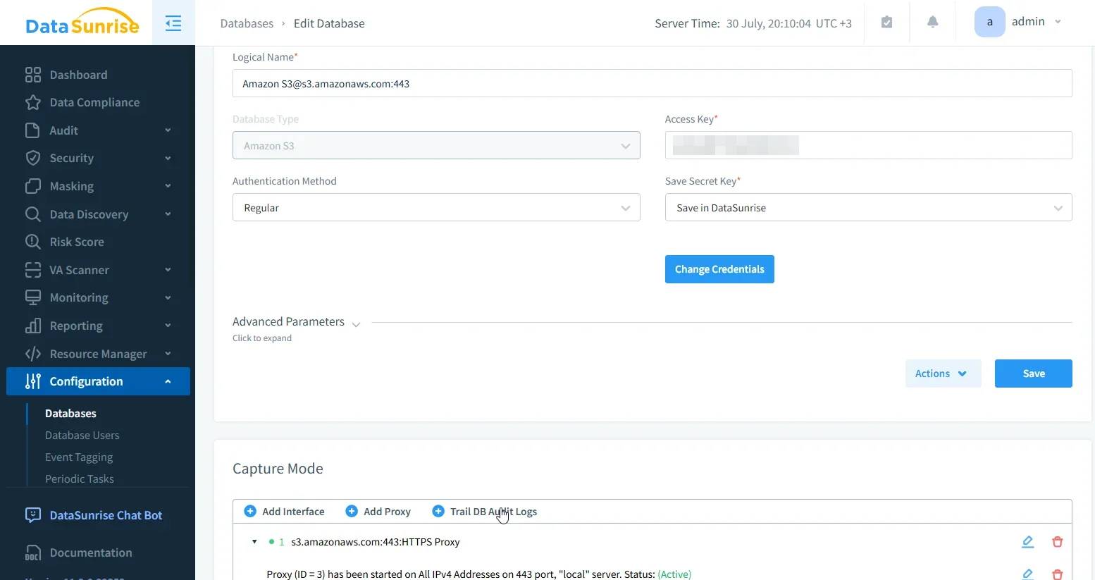 Amazon S3 Regulatory Compliance: Enterprise Data Protection - DataSunrise interface showing database configuration for Amazon S3 with authentication and advanced parameters.