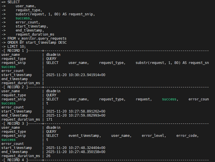 Vertica v_monitor.query_requests output