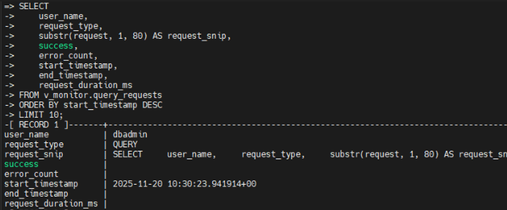 Native Vertica audit example showing v_monitor.query_requests output with user, request type, timestamps, and success flag.