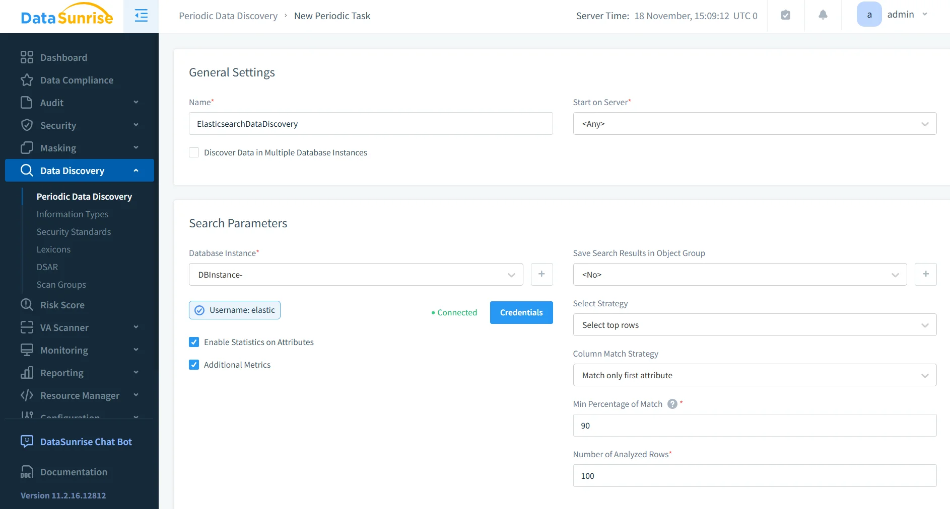 Effortless Data Compliance for Elasticsearch - Interface showing periodic data discovery settings with fields for task name, server time, and start time.