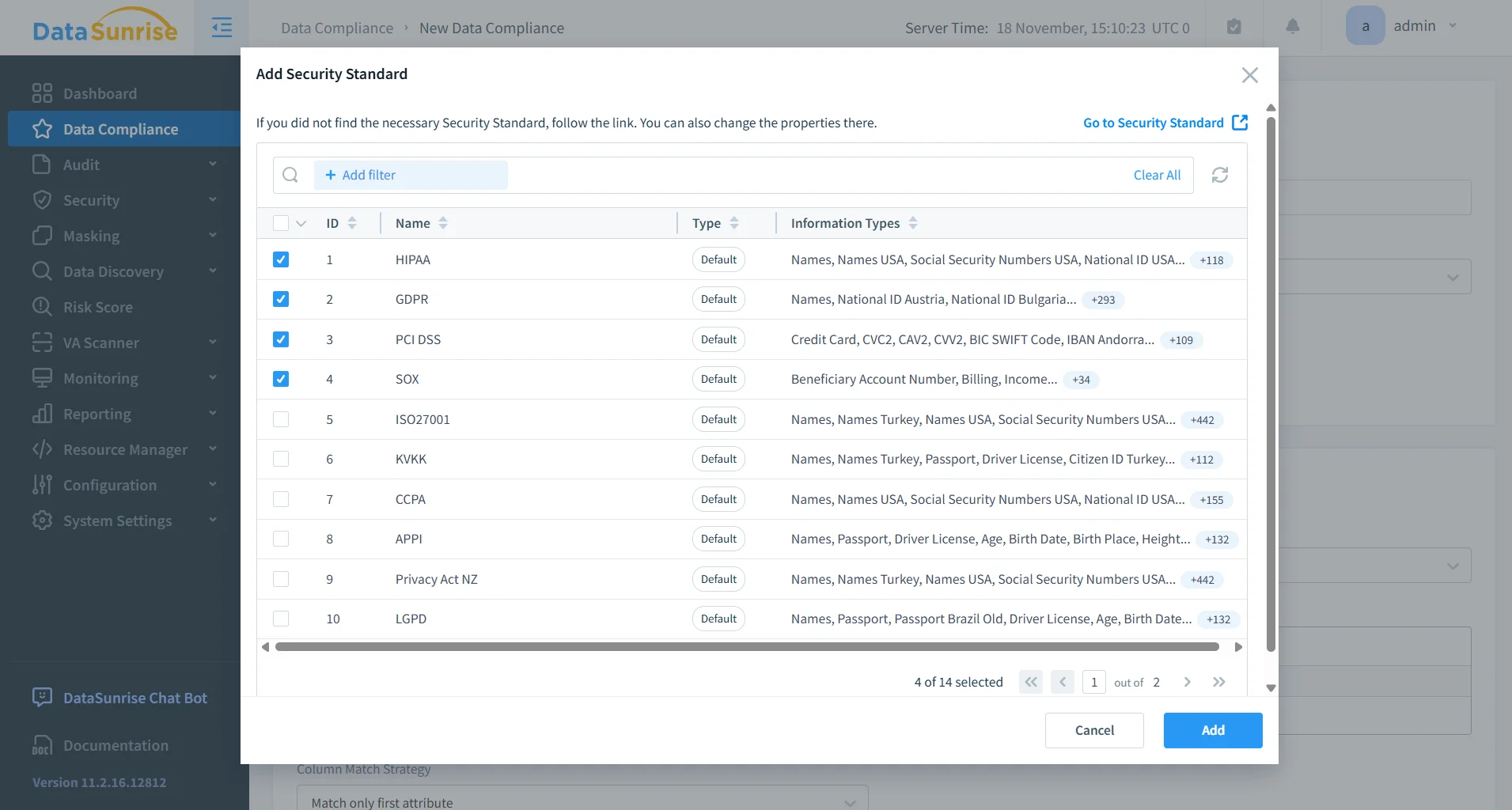 Effortless Data Compliance for Elasticsearch - DataSunrise interface displaying the 'Data Compliance' section with options to add or modify security standards.