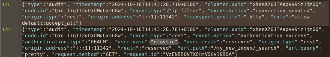 Elasticsearch Compliance Management - Screenshot showing audit log details including node ID, event type, origin type, and timestamp.