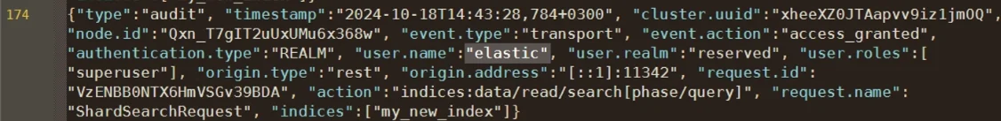 Elasticsearch Data Governance - JSON log entry showing an access granted event with transport type.