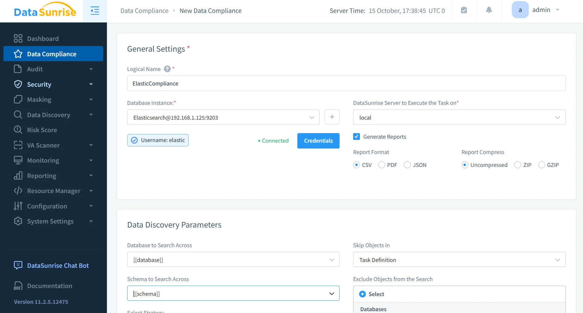 Elasticsearch Regulatory Compliance - Screenshot of DataSunrise UI displaying dashboard navigation menu with compliance and security features.