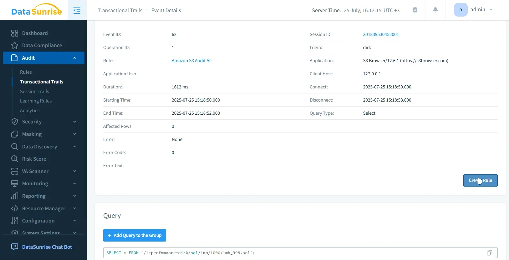 How to Apply Data Governance for Amazon S3 - DataSunrise dashboard showing various data compliance and security modules.