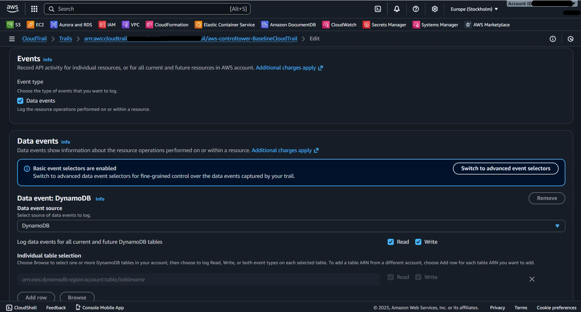 How to Audit Amazon DynamoDB - AWS CloudTrail interface showing options to record API activity for individual resources or all current resources.