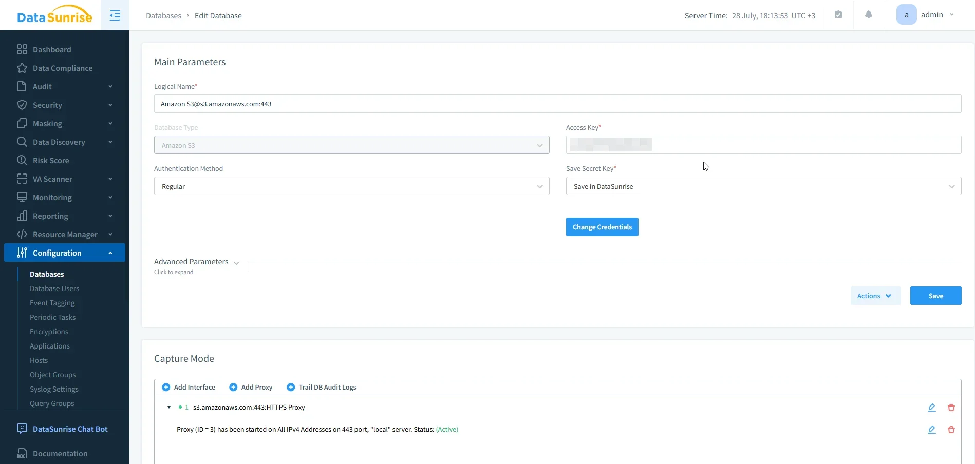 How to Ensure Compliance for Amazon S3: Comprehensive Security Framework - Screenshot of DataSunrise dashboard displaying compliance and security features.