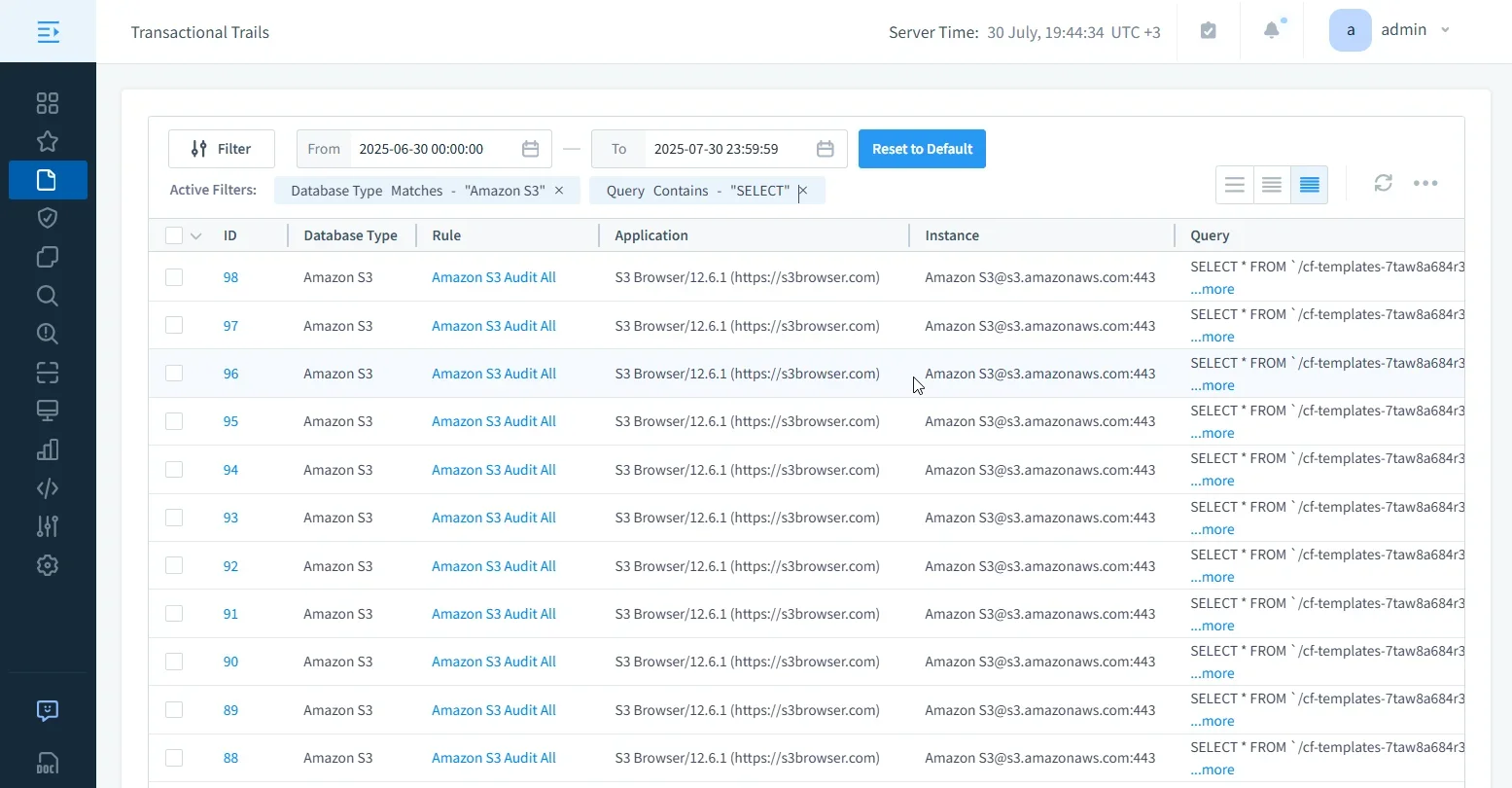 How to Manage Data Compliance for Amazon S3 - Screenshot showing transactional trails filtered by database type 'Amazon S3' and date range from 2025-06-30, with query logs displayed.