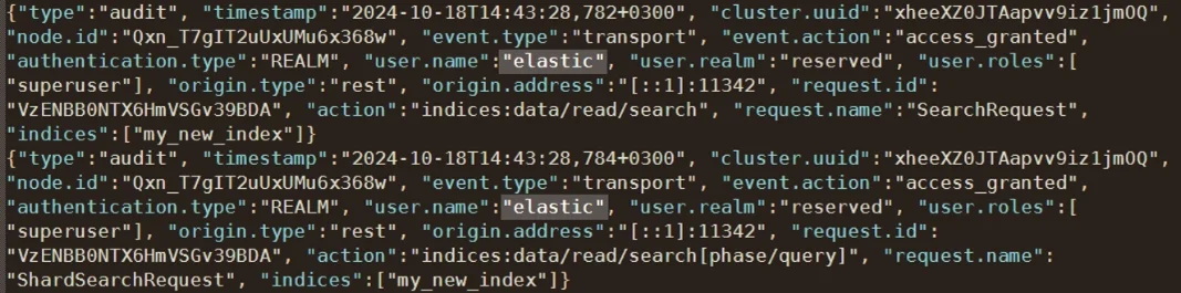 NLP, LLM & ML Data Compliance Tools for Elasticsearch - Screenshot showing an audit log with details such as timestamp, node ID, and cluster UUID.