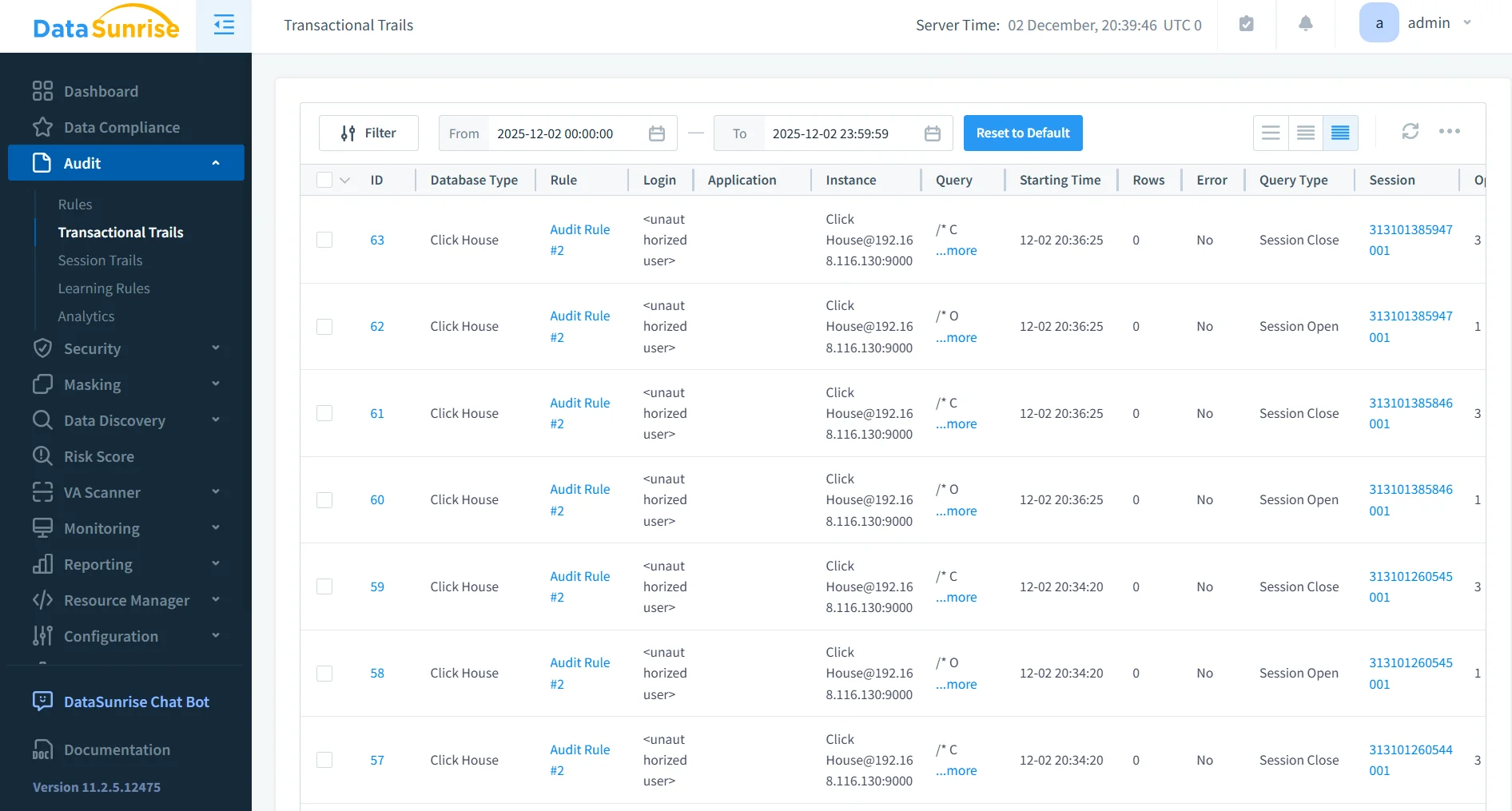 ClickHouse Database Activity History - DataSunrise dashboard showing menu options for compliance, audit, analytics, and security tools.