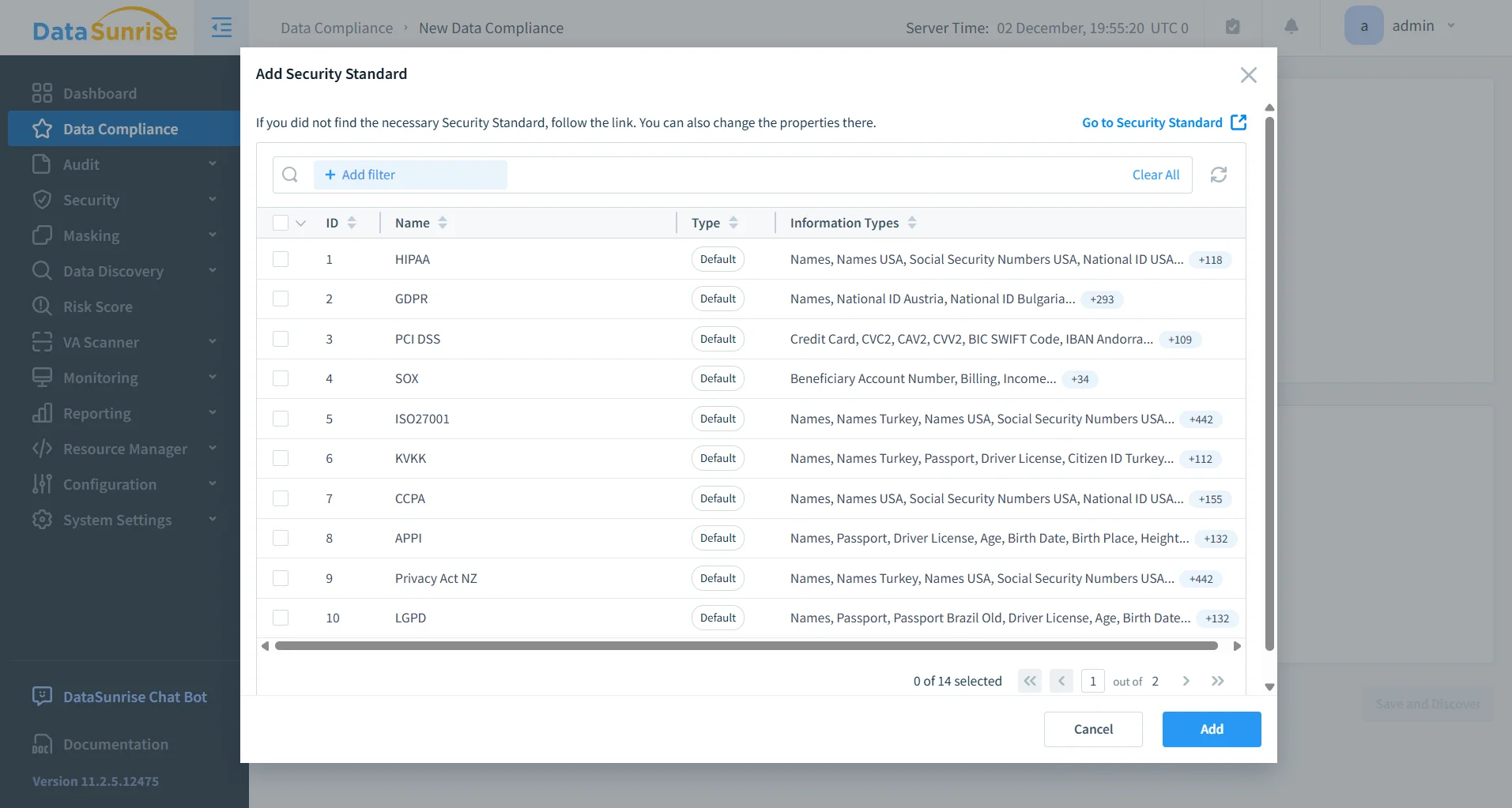 ClickHouse Database Activity History - DataSunrise interface displaying the Data Compliance module with options for adding or modifying security standards.