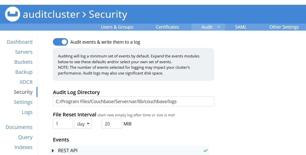 Couchbase Audit Log: Comprehensive Security and Compliance Monitoring - Screenshot showing the Security section with audit settings and event logging options in the Couchbase UI.
