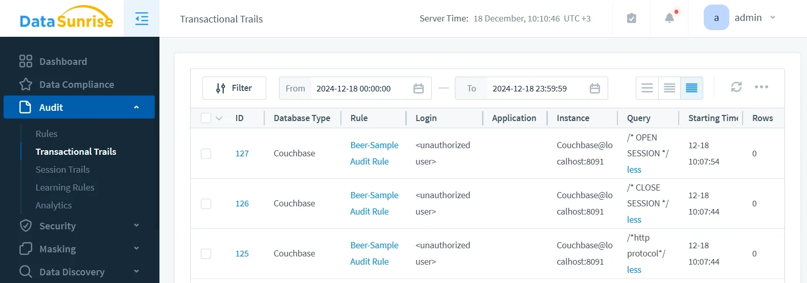 Couchbase Audit Tools: Advanced Monitoring for NoSQL Security - DataSunrise UI displaying transactional trails for Couchbase database with filtering options and server time information.