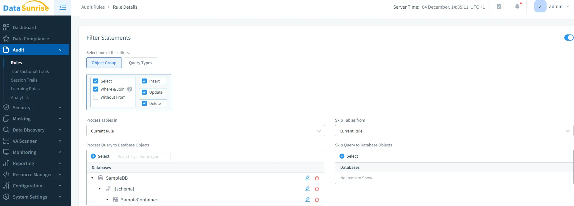 Couchbase Audit Trail - Screenshot of the DataSunrise interface showing Audit Rules configuration and server time details.
