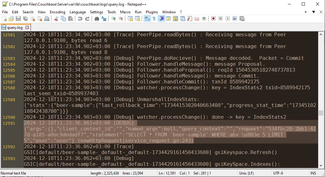 Couchbase Data Activity History - Log file displayed in Notepad++ showing timestamps, IP addresses, and bytes read.