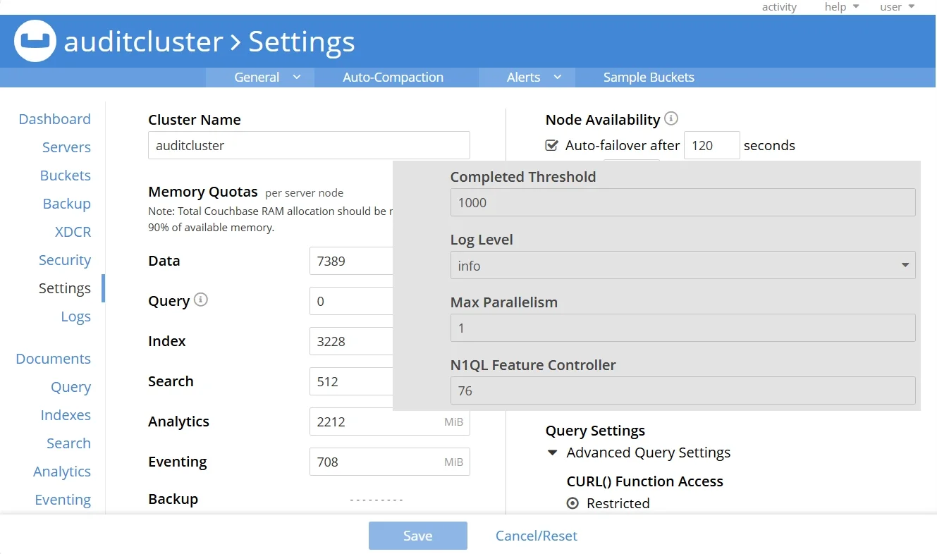 Couchbase Database Activity History - UI displaying cluster settings, audit logs, and auto-failover options.