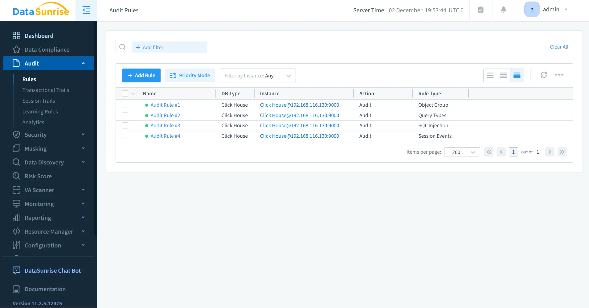 Data Audit for ClickHouse - DataSunrise dashboard showing navigation menu with compliance, security, and monitoring options.