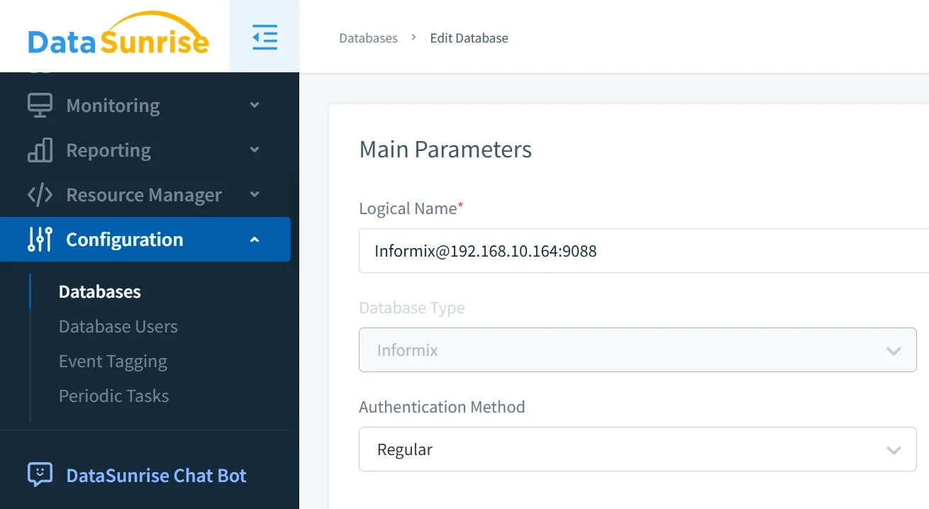 Effortless Data Compliance for IBM Informix - Screenshot of the DataSunrise interface showing database configuration options for Informix.