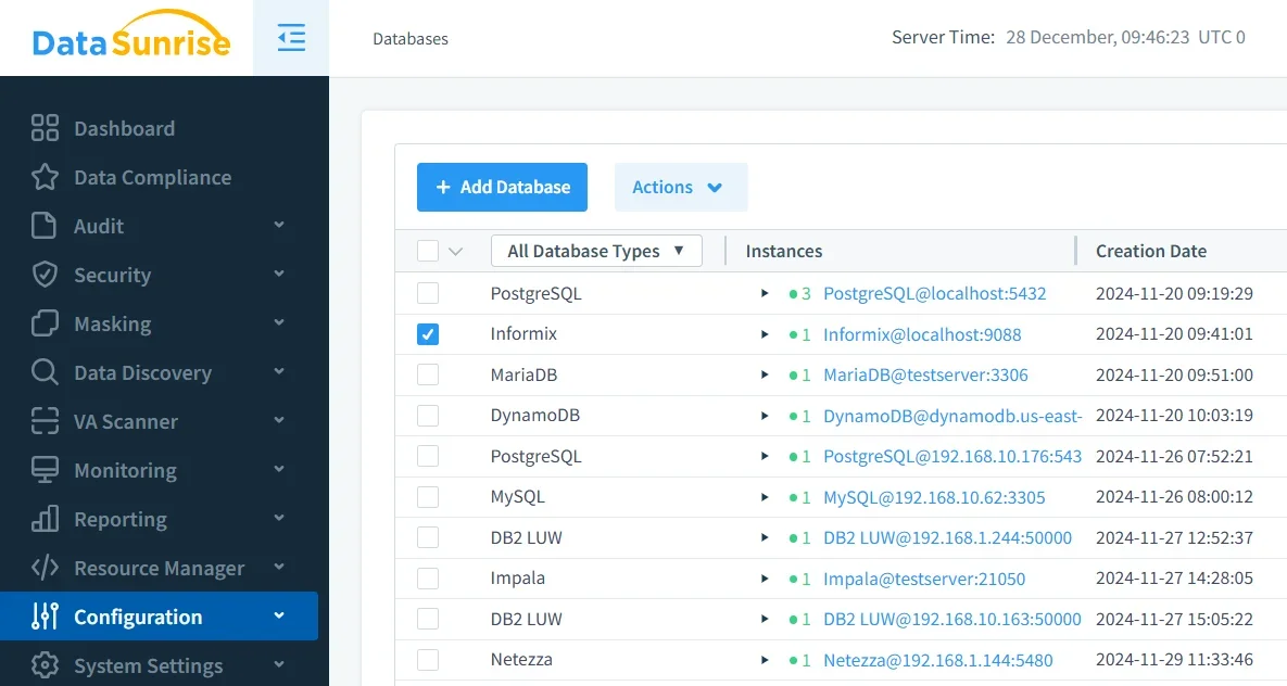 How to Apply Data Governance for IBM Informix - DataSunrise dashboard showing options for data compliance, auditing, security, masking, and database management.