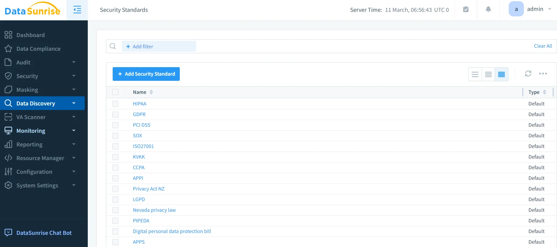 How to Apply Data Governance for IBM Informix - DataSunrise interface displaying security standards configuration options and server time details.