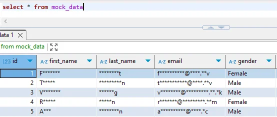 How to Apply Static Masking in Apache Cloudberry - Screenshot showing text output related to masking operations with encoded or placeholder values.