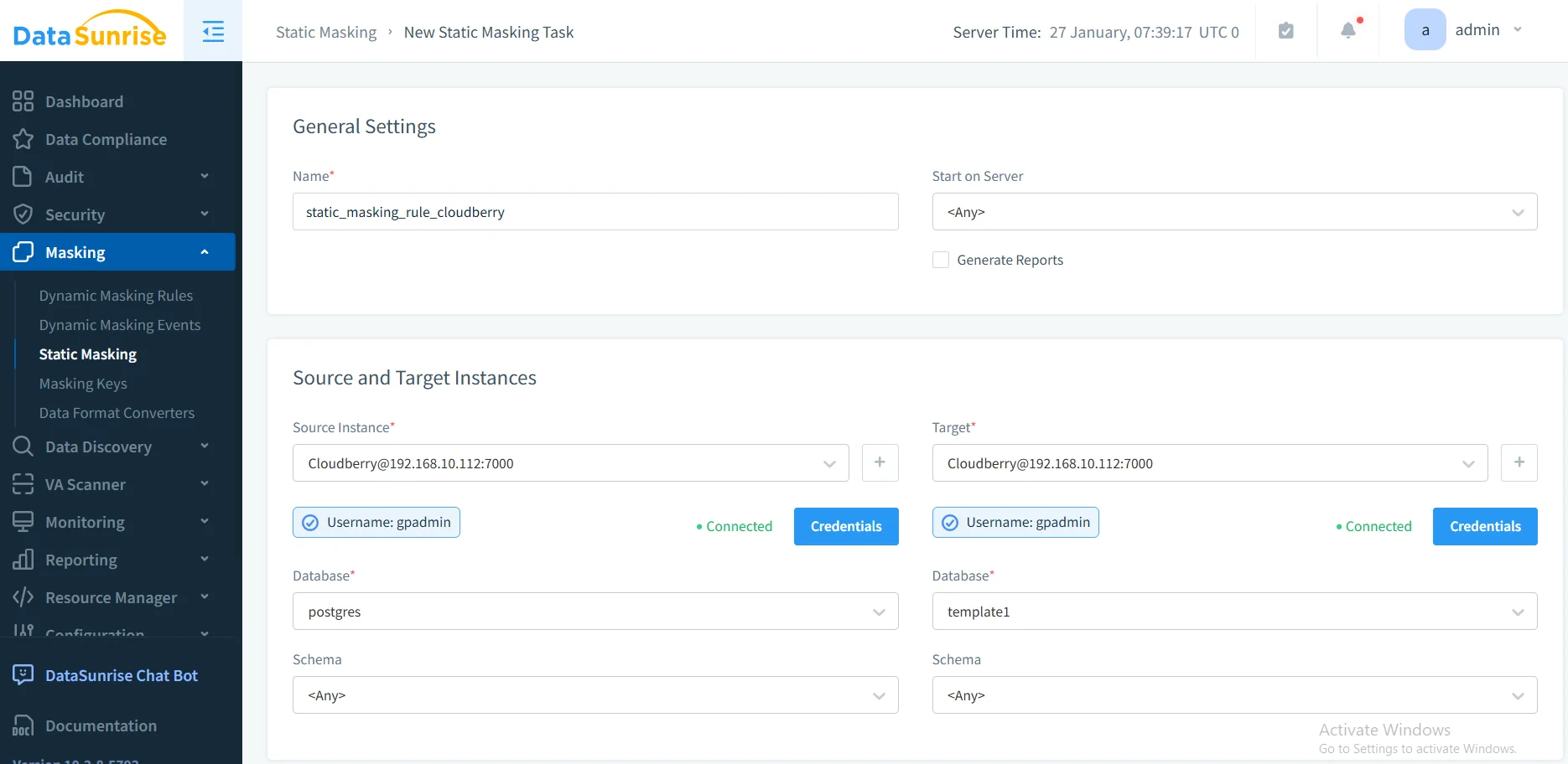 How to Apply Static Masking in Apache Cloudberry - Screenshot of DataSunrise UI showing the Static Masking section and menu options for managing masking tasks and rules.