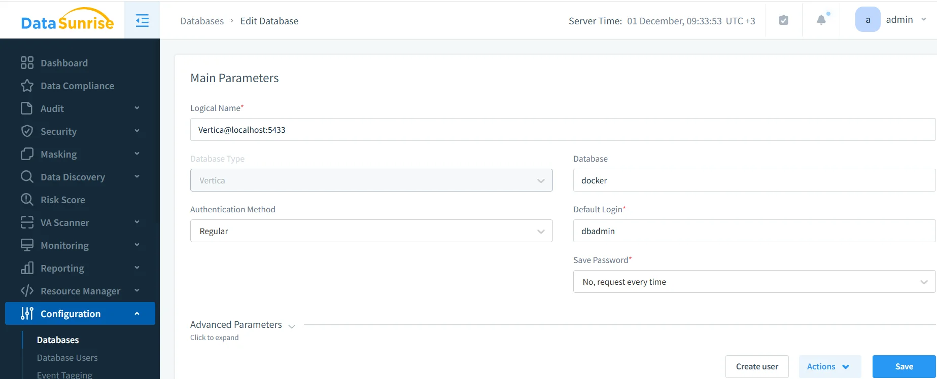 How to Audit Vertica - Screenshot of DataSunrise interface showing audit, security, masking, and database management options.