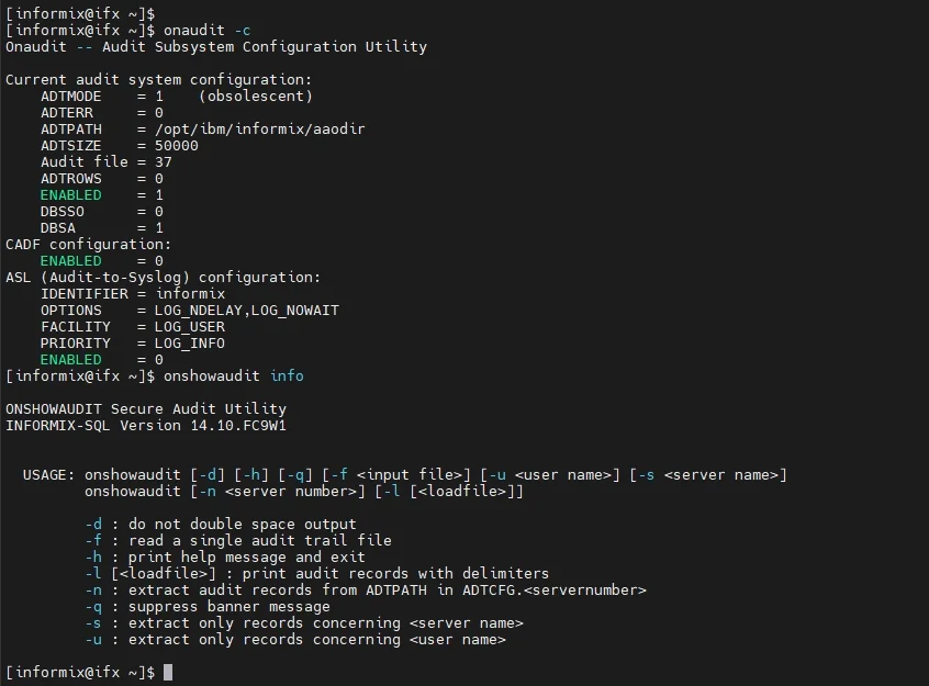How to Automate Data Compliance for IBM Informix - Screenshot of terminal output showing Onaudit utility configuration details.